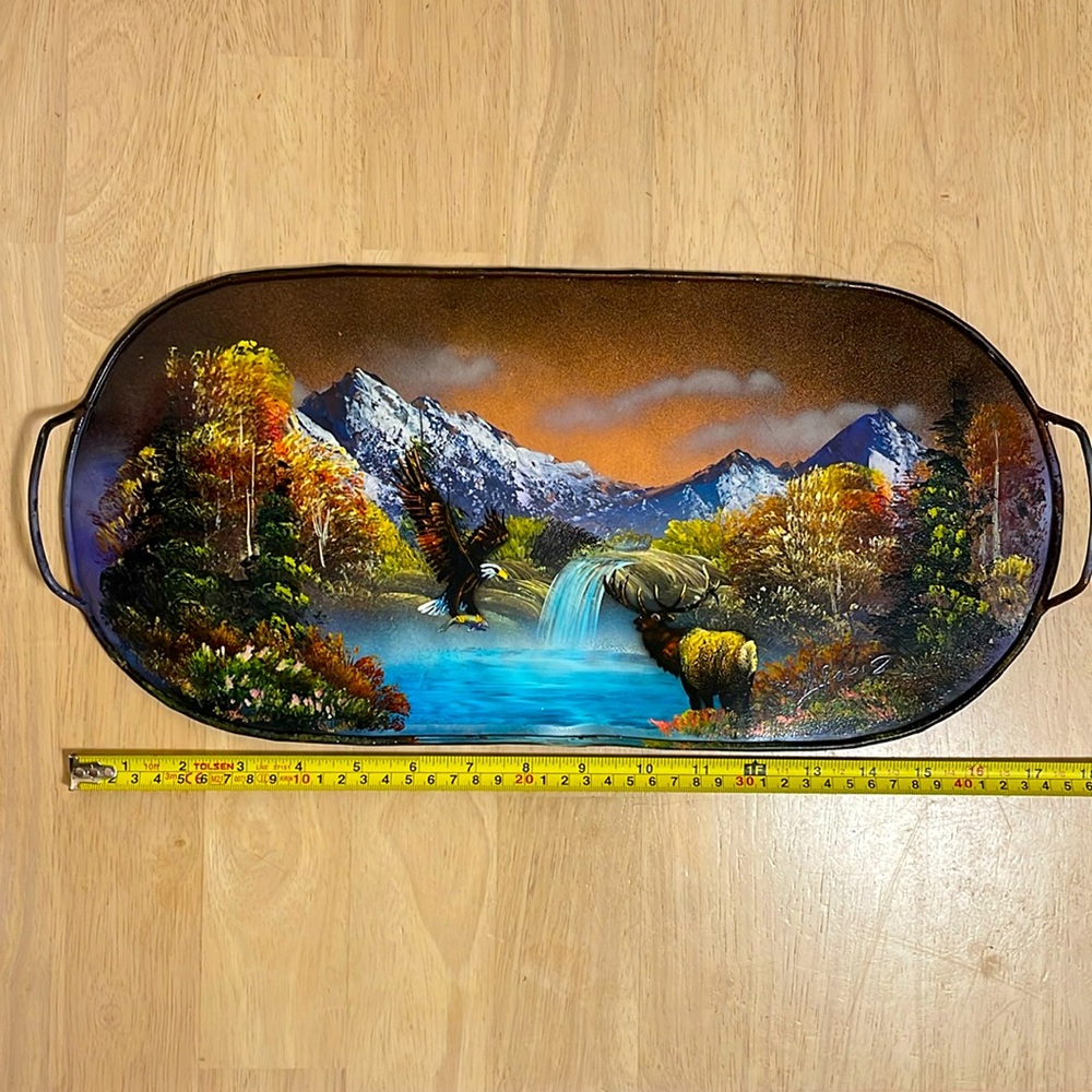 Hand painted Scenic Mountain Landscape Metal Serving Tray